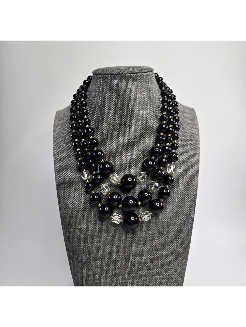 Vintage Triple Strand Black Bead Necklace Gold Tone Faceted Glass Statement